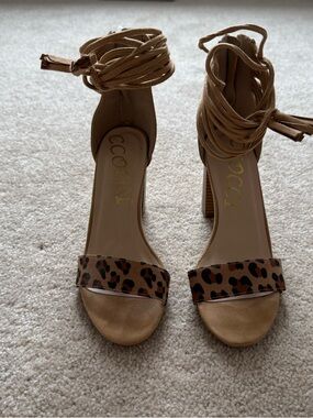 Tan Leopard Ankle-Tie Block Heel Sandals